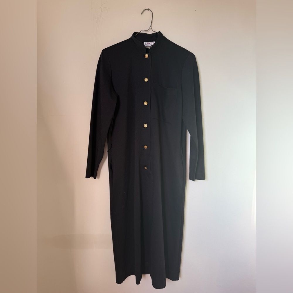 VINTAGE ORVIS Black Gold Button Down Collar Midi Dress 80s 90s Size 8